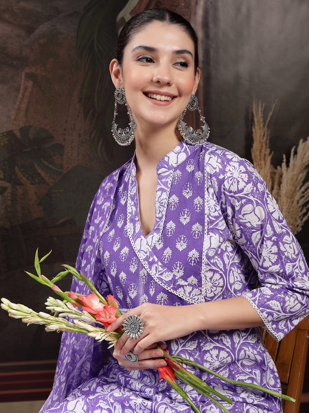 Stylum Women's Lavender Floral Printed Cotton Straight Kurta Pant Dupatta Set (KPDLAVENDERAMARA)