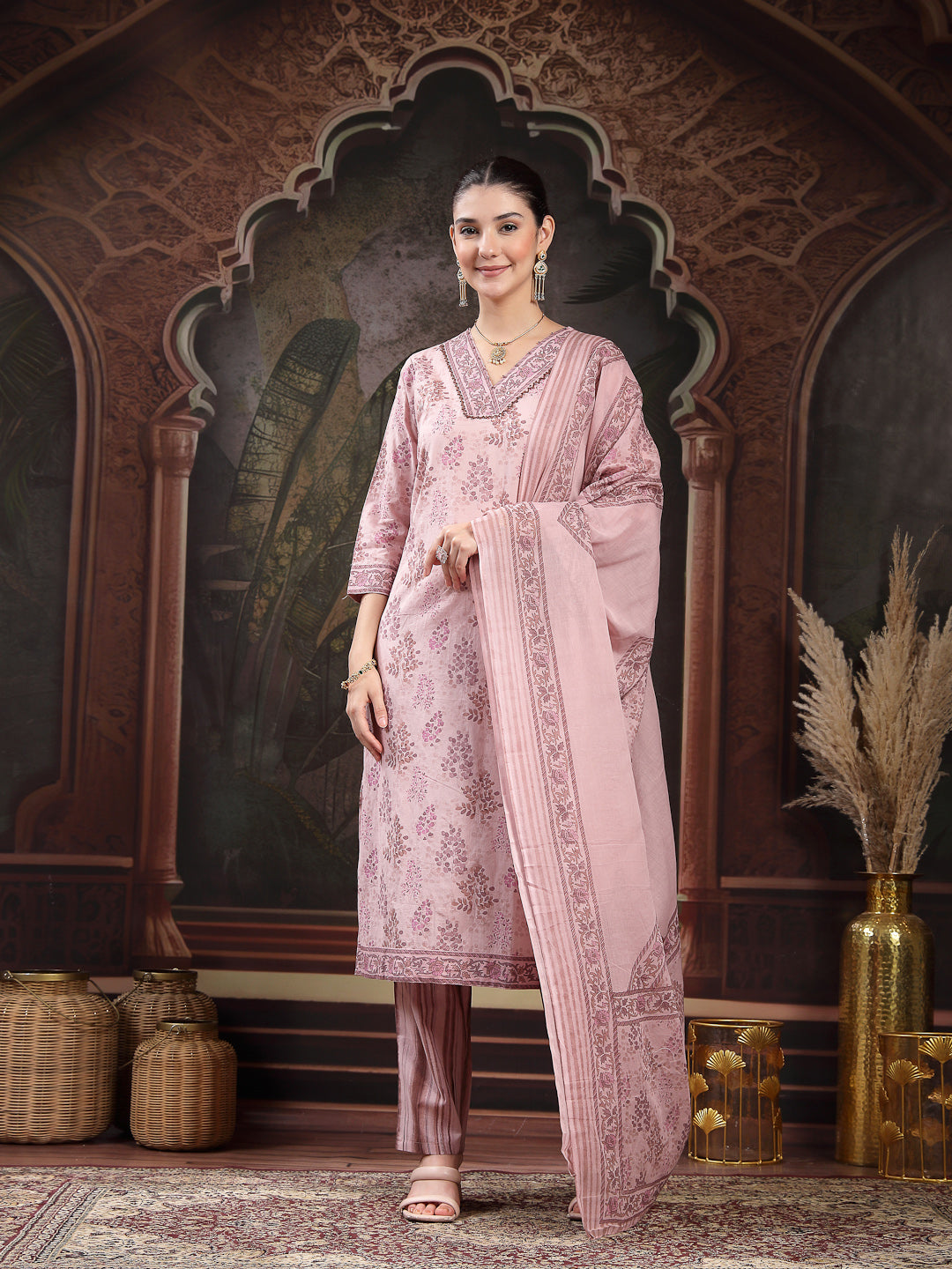 Women's Lavender Ethnic Printed Cotton Straight Kurta Pant Dupatta Set