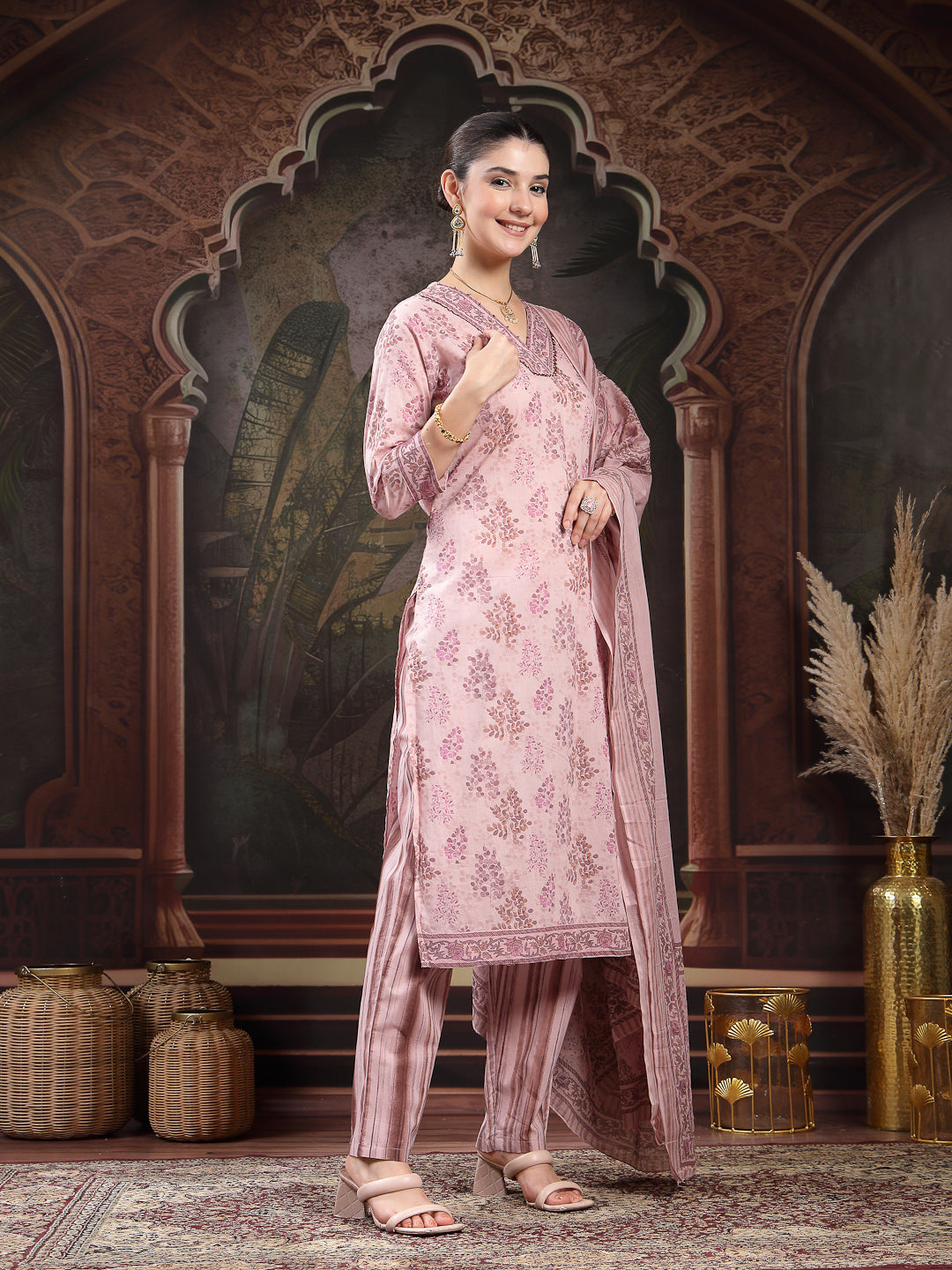 Women's Lavender Ethnic Printed Cotton Straight Kurta Pant Dupatta Set
