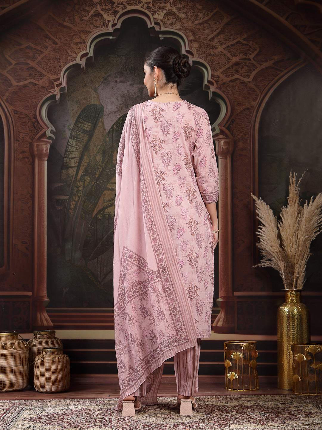 Women's Lavender Ethnic Printed Cotton Straight Kurta Pant Dupatta Set