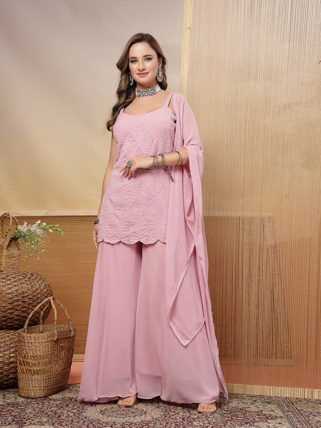 Stylum Women's Lavender Solid & Embroidered Rayon Straight Kurti Palazzo Dupatta Set (KPDLAVENDERLUNA)