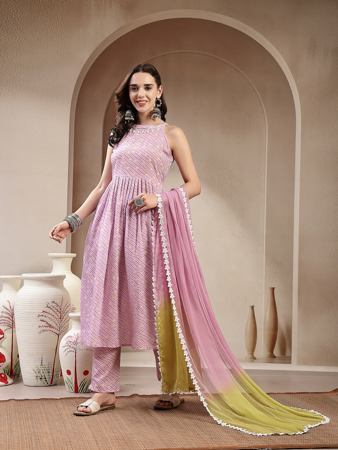 Stylum Women's Lavender Leheriya Printed Cotton Flared Kurta Pant Dupatta Set (KPDLAVENDERPRADA)