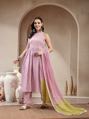 Stylum Women's Lavender Leheriya Printed Cotton Flared Kurta Pant Dupatta Set (KPDLAVENDERPRADA)