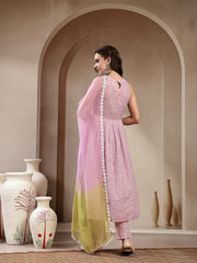 Stylum Women's Lavender Leheriya Printed Cotton Flared Kurta Pant Dupatta Set (KPDLAVENDERPRADA)