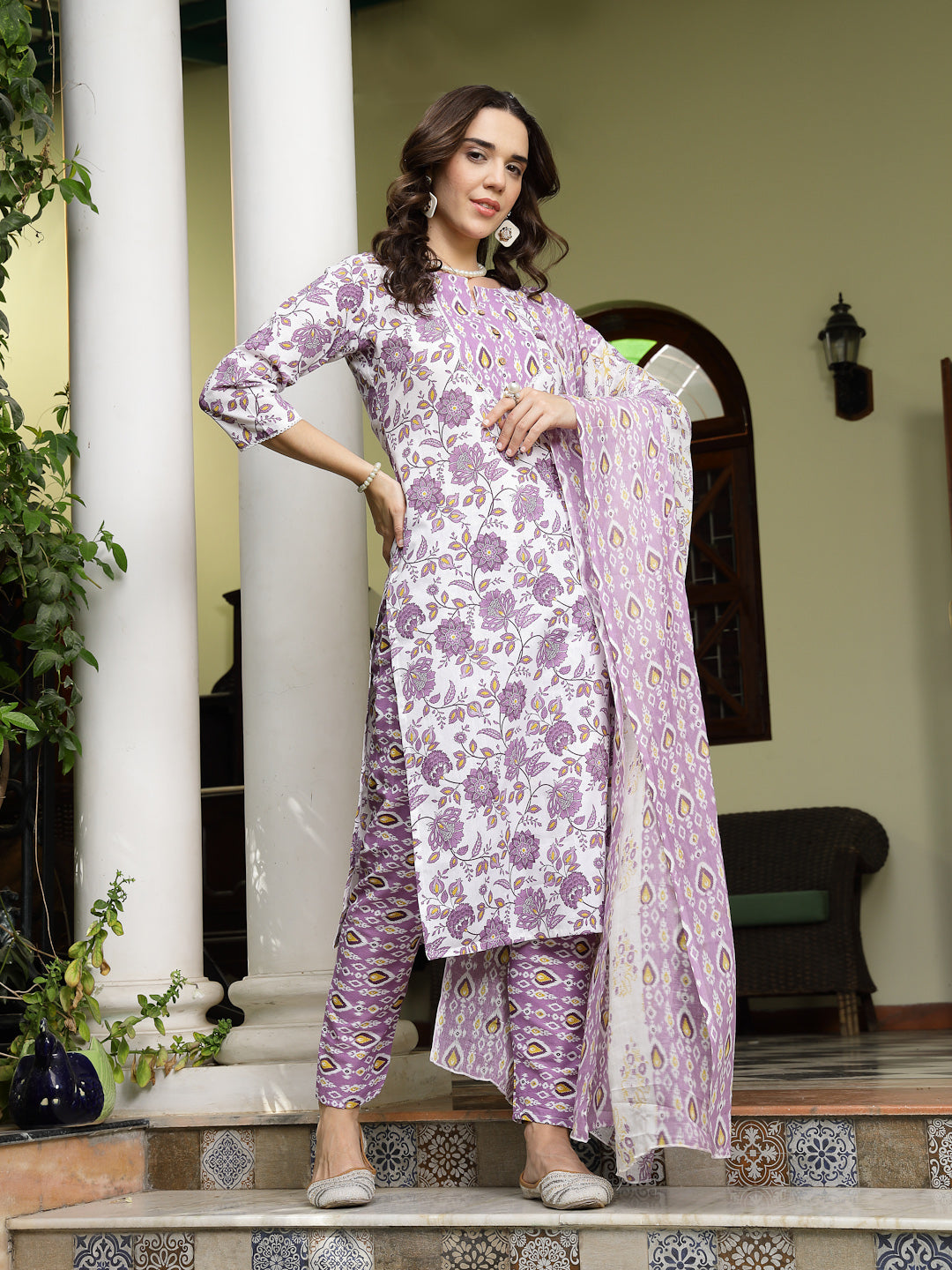 Women's Lavender Floral Printed Cotton Straight Kurta Pant Dupatta Set