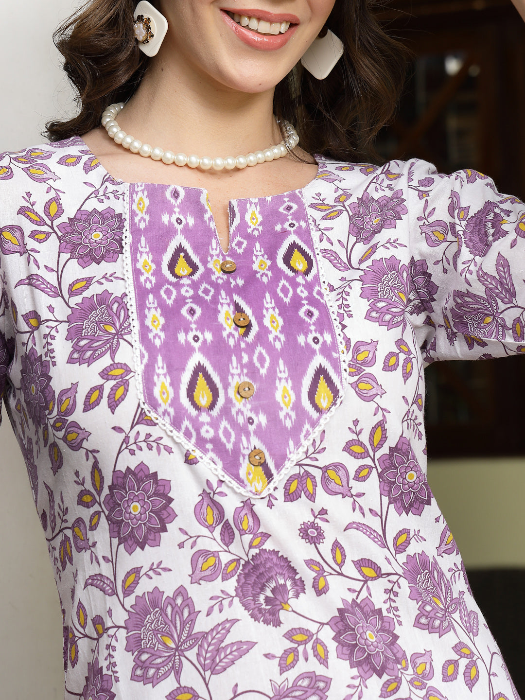 Women's Lavender Floral Printed Cotton Straight Kurta Pant Dupatta Set