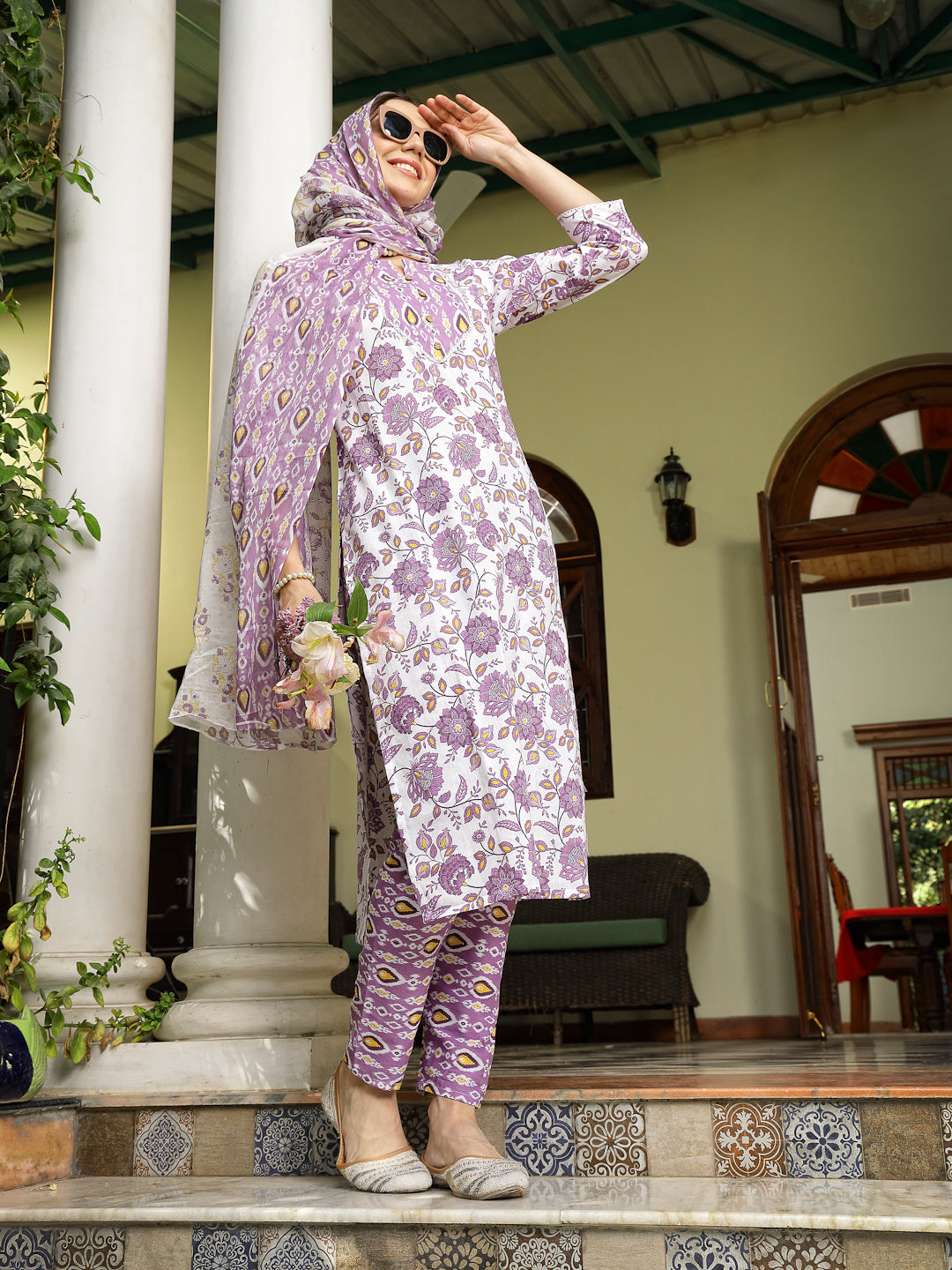 Women's Lavender Floral Printed Cotton Straight Kurta Pant Dupatta Set