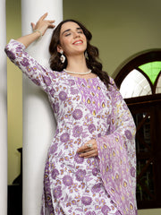 Stylum Women's Lavender Floral Printed Cotton Straight Kurta Pant Dupatta Set (KPDLAVENDERSHINA)