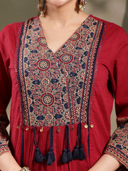 Stylum Women's Maroon Ajrakh Printed Cotton A-Line Kurta Pant Dupatta Set (KPDMAROONHEERA)