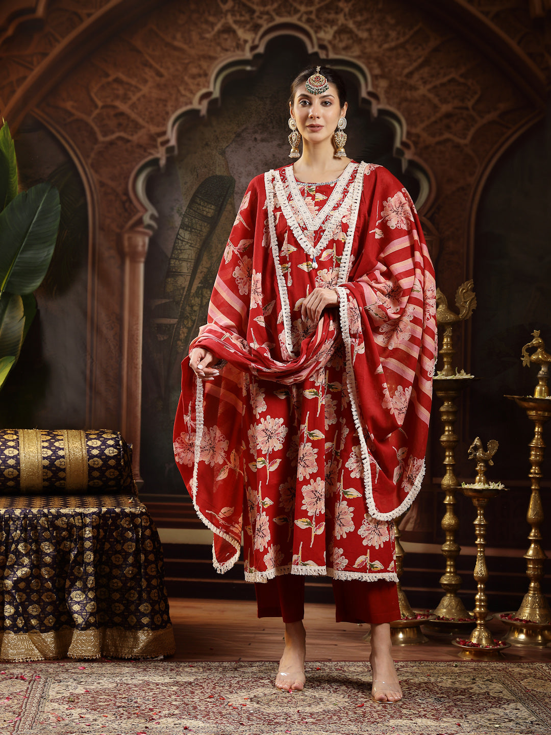 Women's Maroon Floral Printed Cotton Flared Kurta Pant Dupatta Set (KP