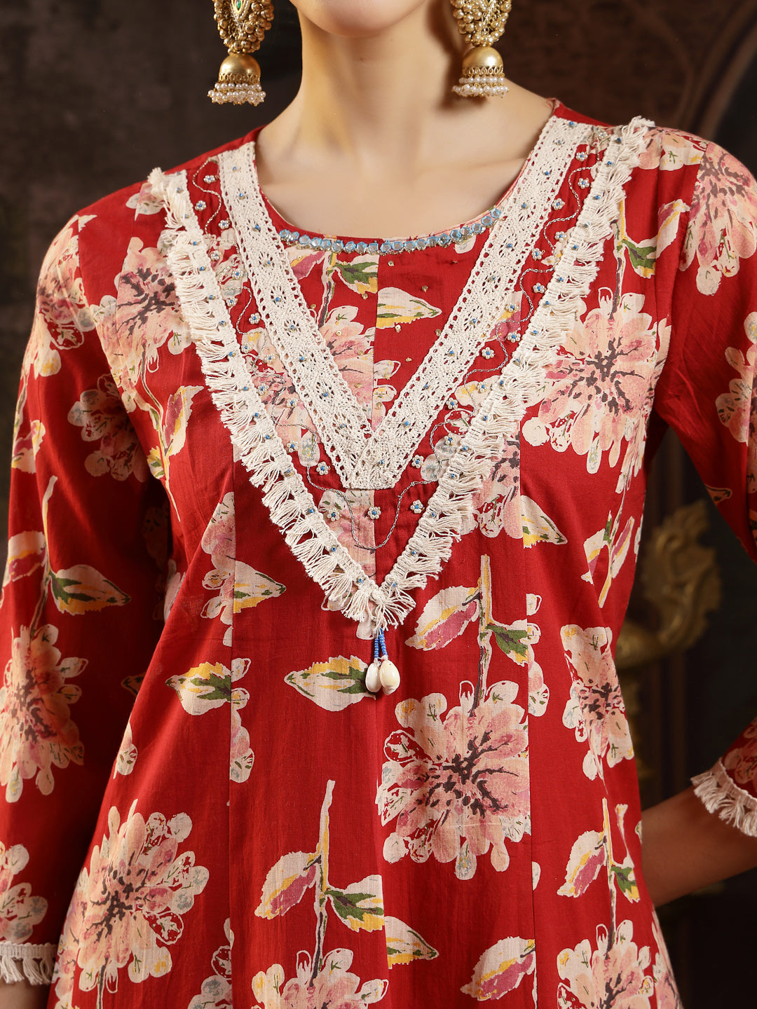 Women's Maroon Floral Printed Cotton Flared Kurta Pant Dupatta Set (KP