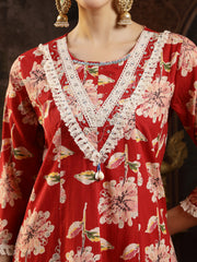 Stylum Women's Maroon Floral Printed Cotton Flared Kurta Pant Dupatta Set (KPDMAROONMALHAR)