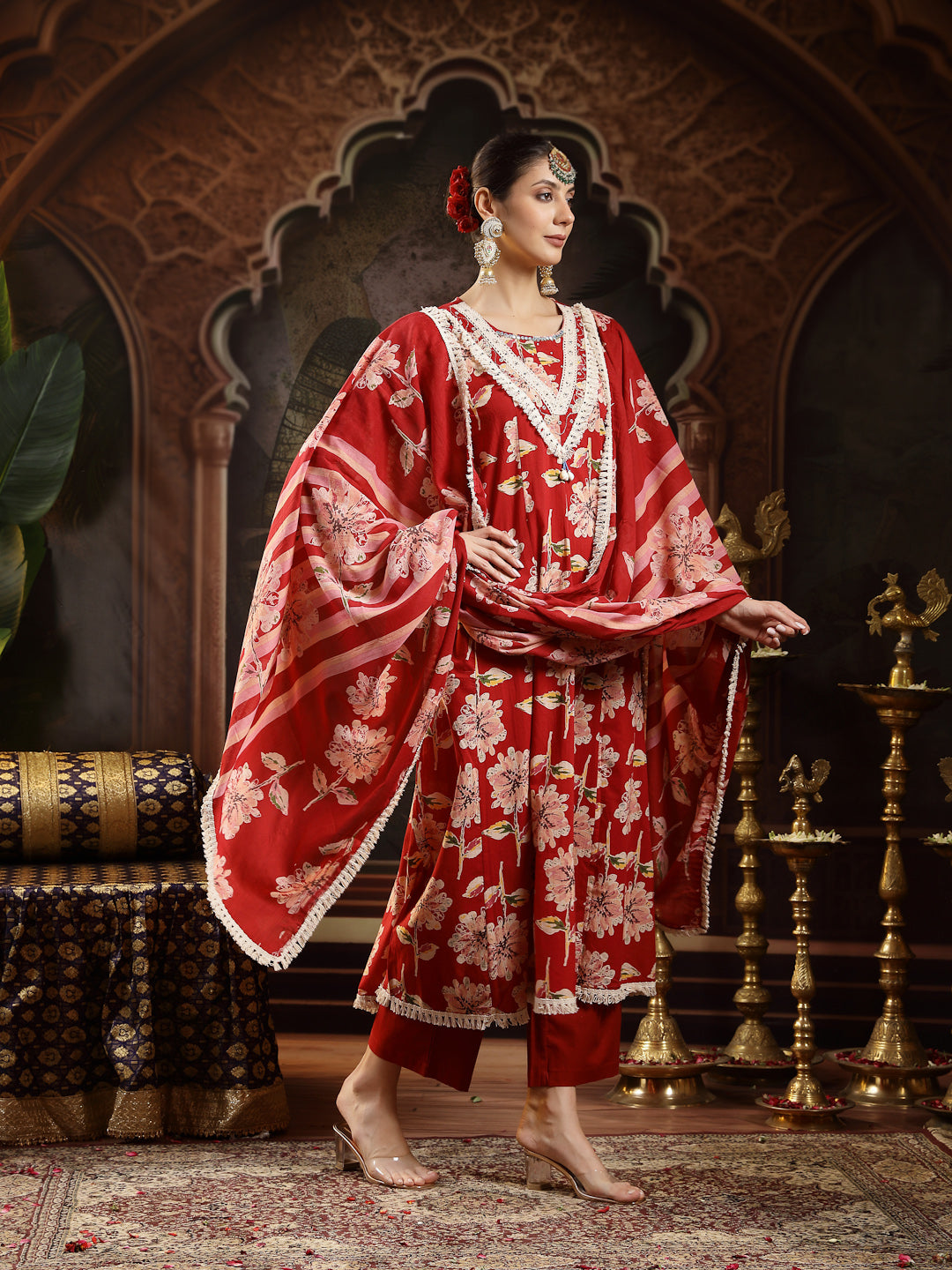 Women's Maroon Floral Printed Cotton Flared Kurta Pant Dupatta Set (KP