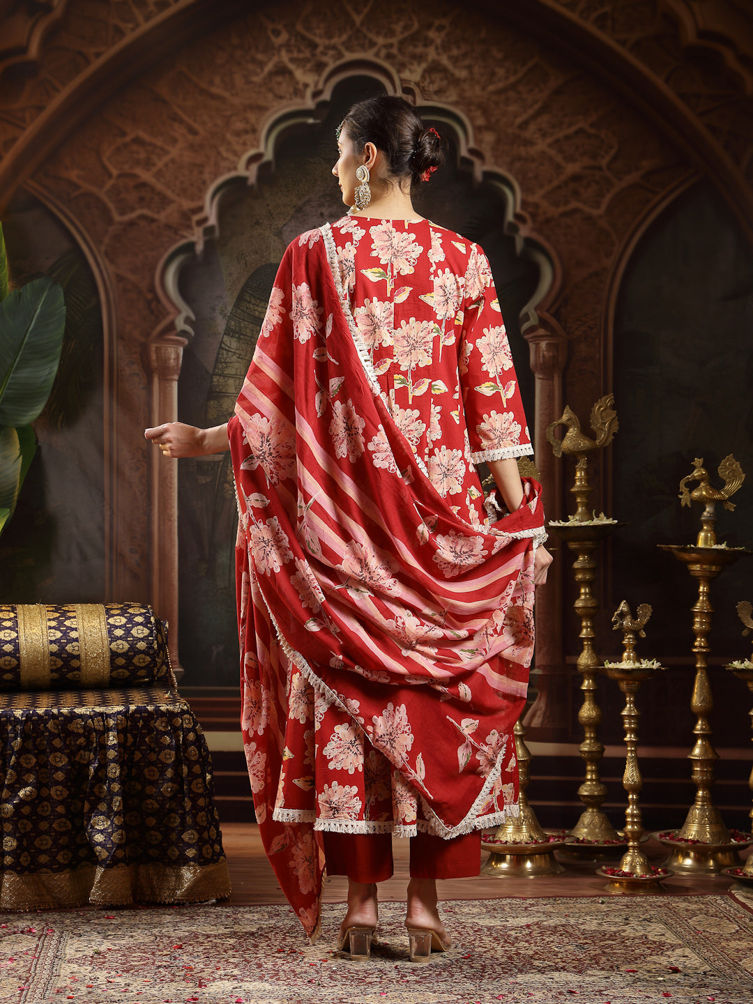 Women's Maroon Floral Printed Cotton Flared Kurta Pant Dupatta Set (KP