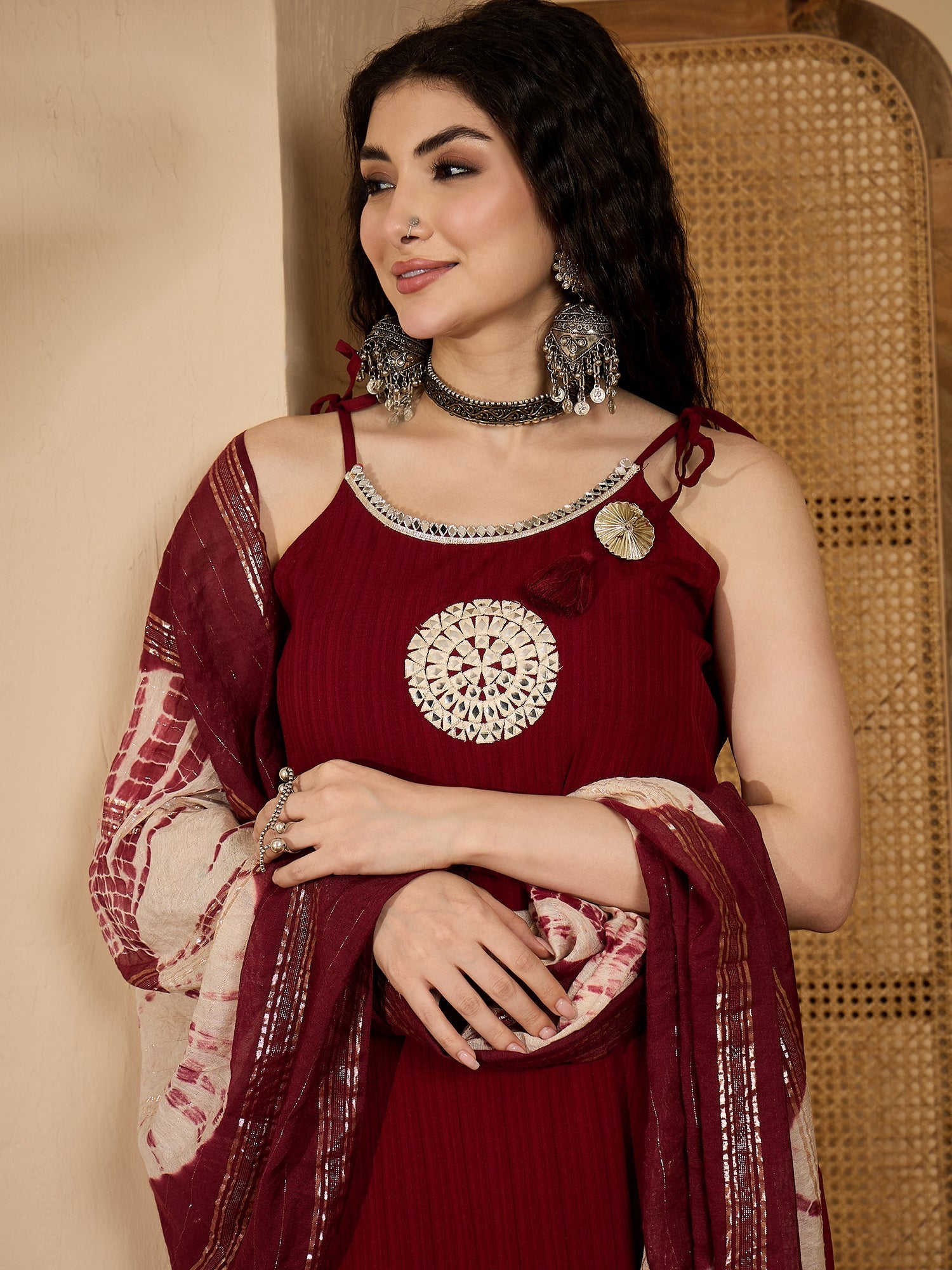 Women's Maroon Solid & Embroidered Crepe A-Line Kurta Pant Dupatta Set