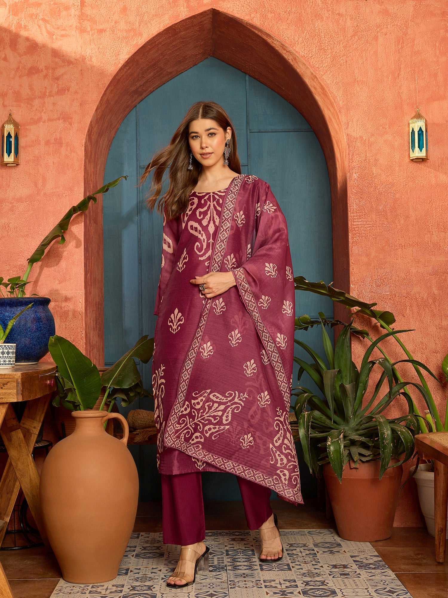 Women's Maroon Ikkat Printed Chanderi Straight Kurta Pant Dupatta Set 