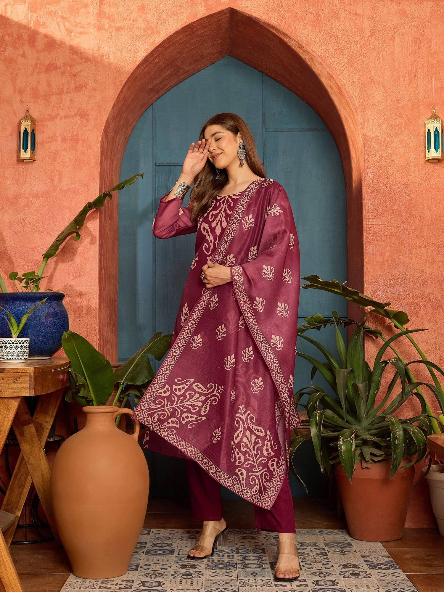 Women's Maroon Ikkat Printed Chanderi Straight Kurta Pant Dupatta Set 