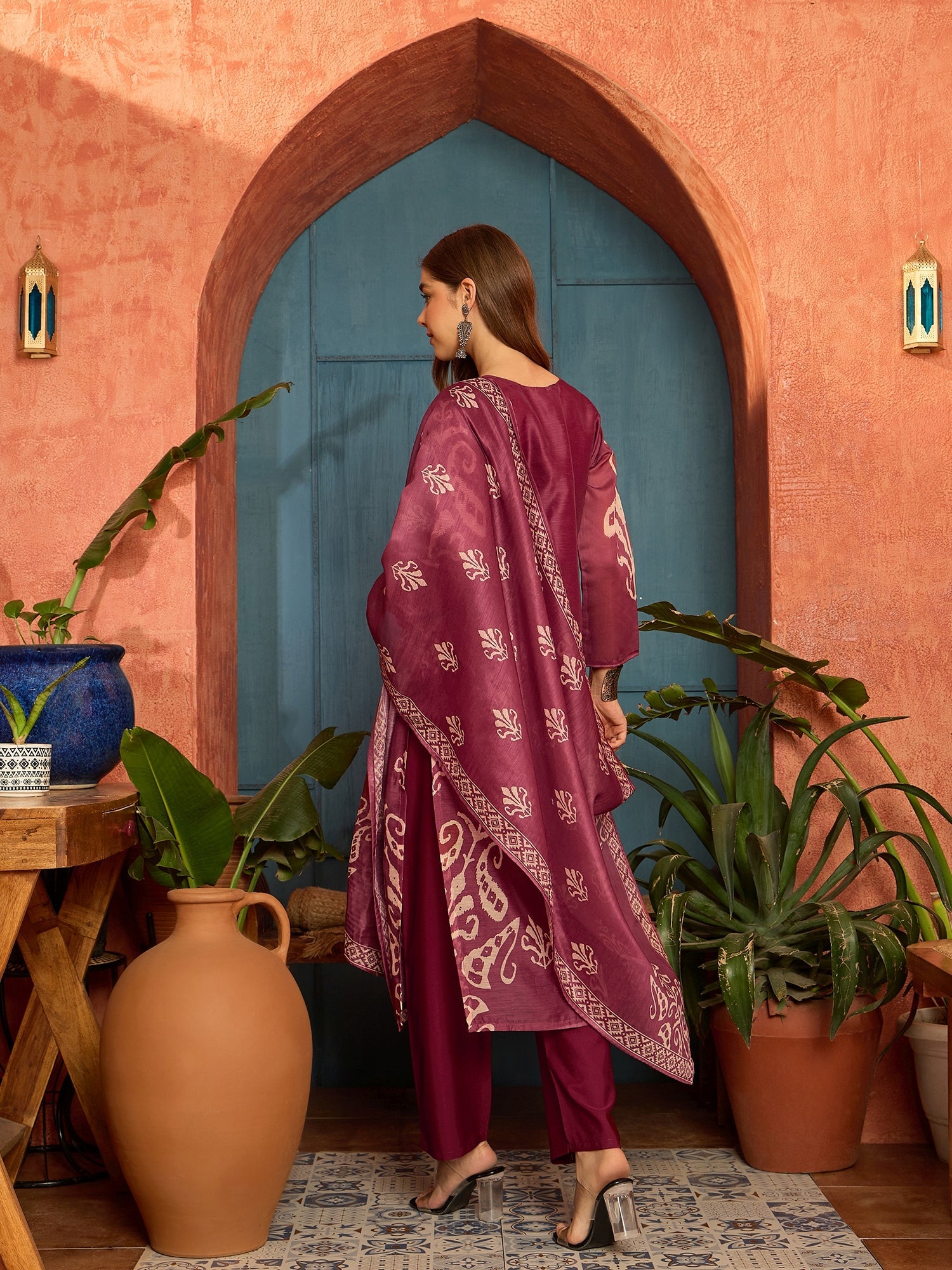 Women's Maroon Ikkat Printed Chanderi Straight Kurta Pant Dupatta Set 