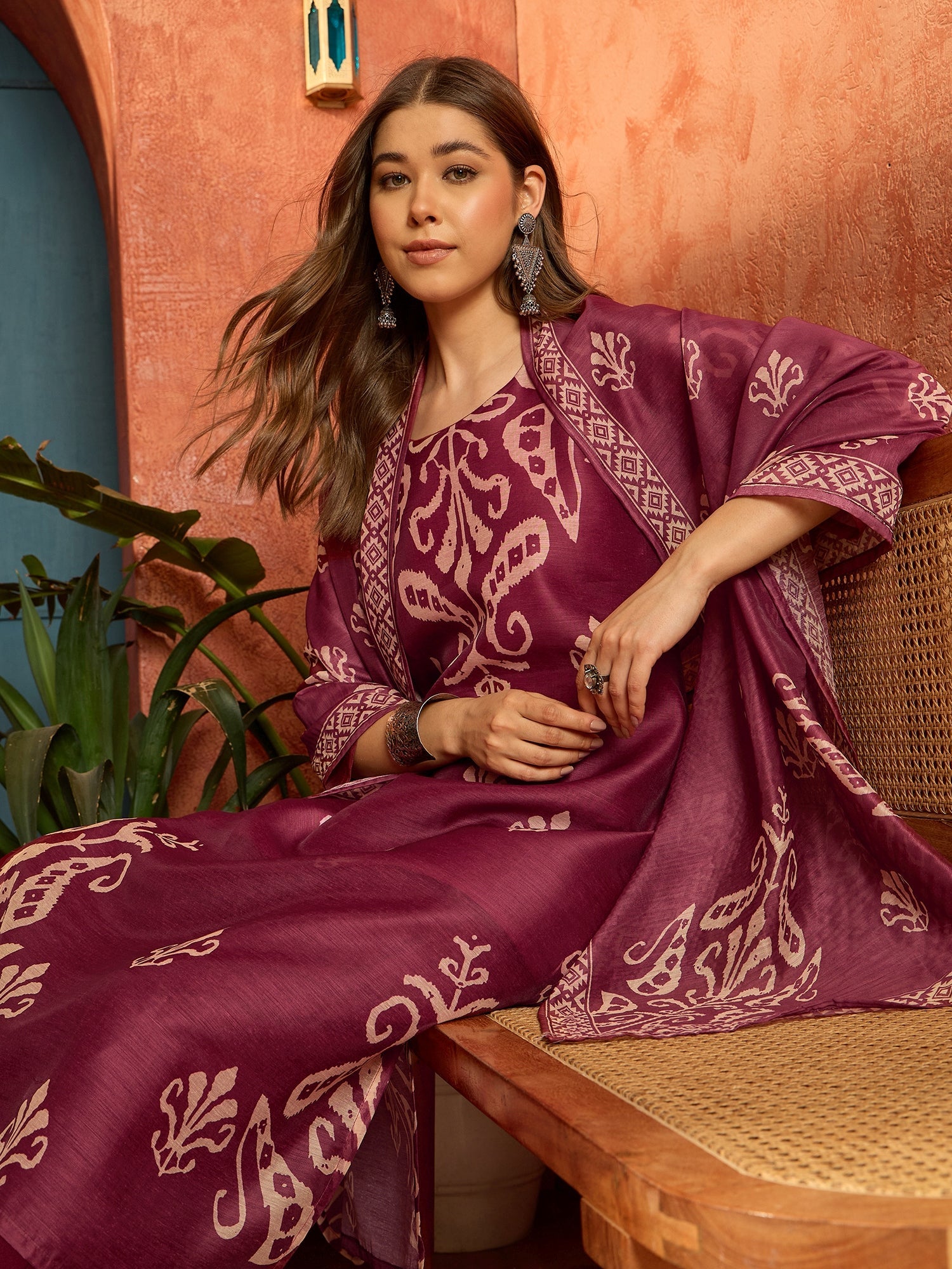 Women's Maroon Ikkat Printed Chanderi Straight Kurta Pant Dupatta Set 