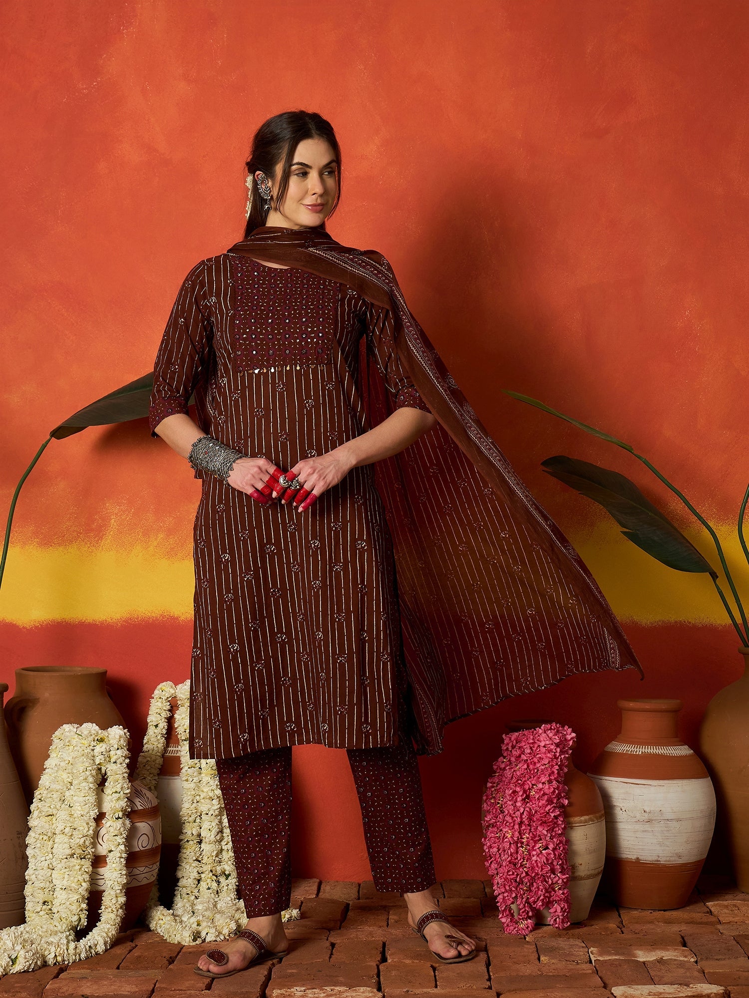 Women's Maroon Striped & Floral Printed Cotton Straight Kurta Pant Dup