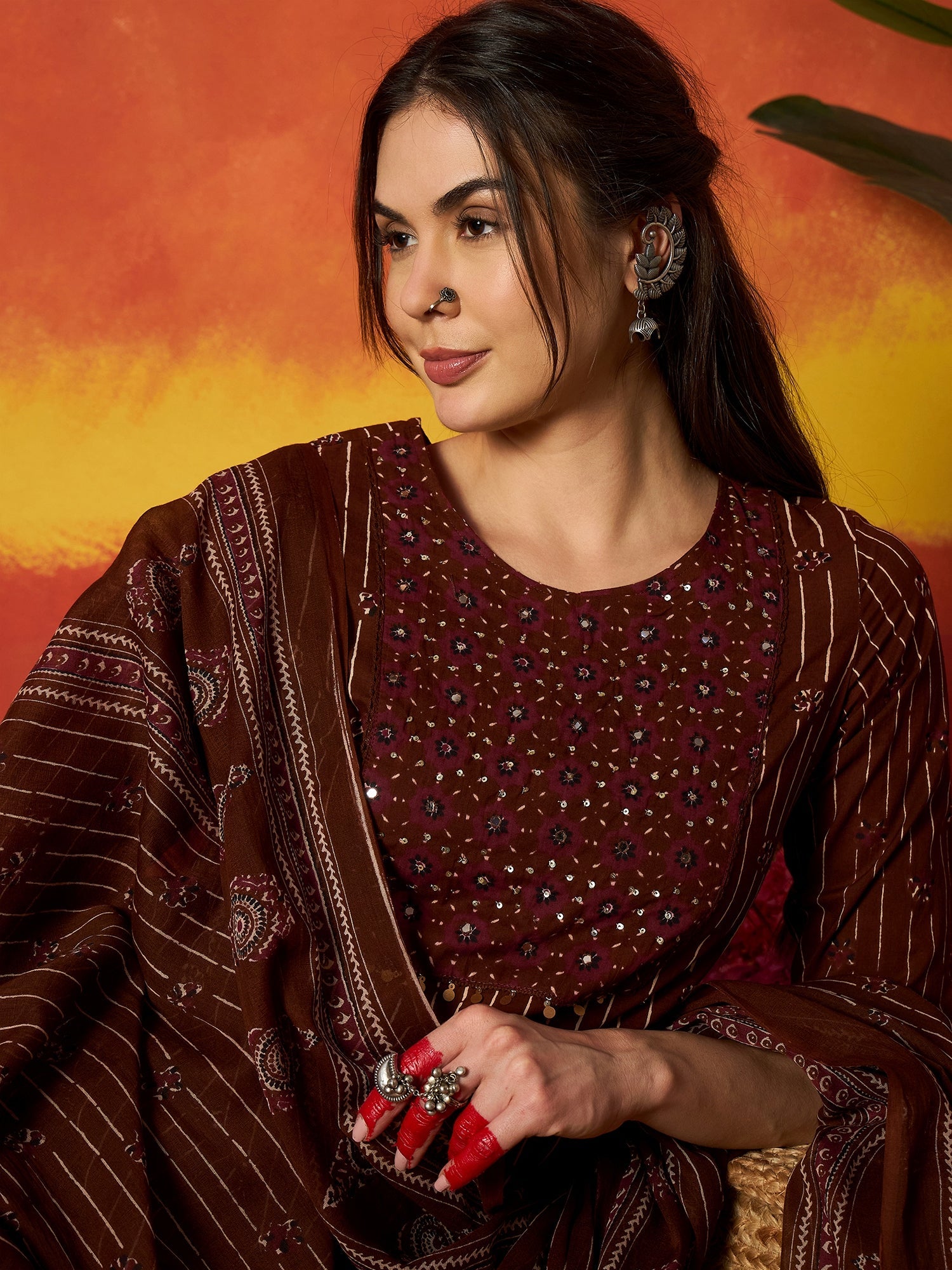 Women's Maroon Striped & Floral Printed Cotton Straight Kurta Pant Dup