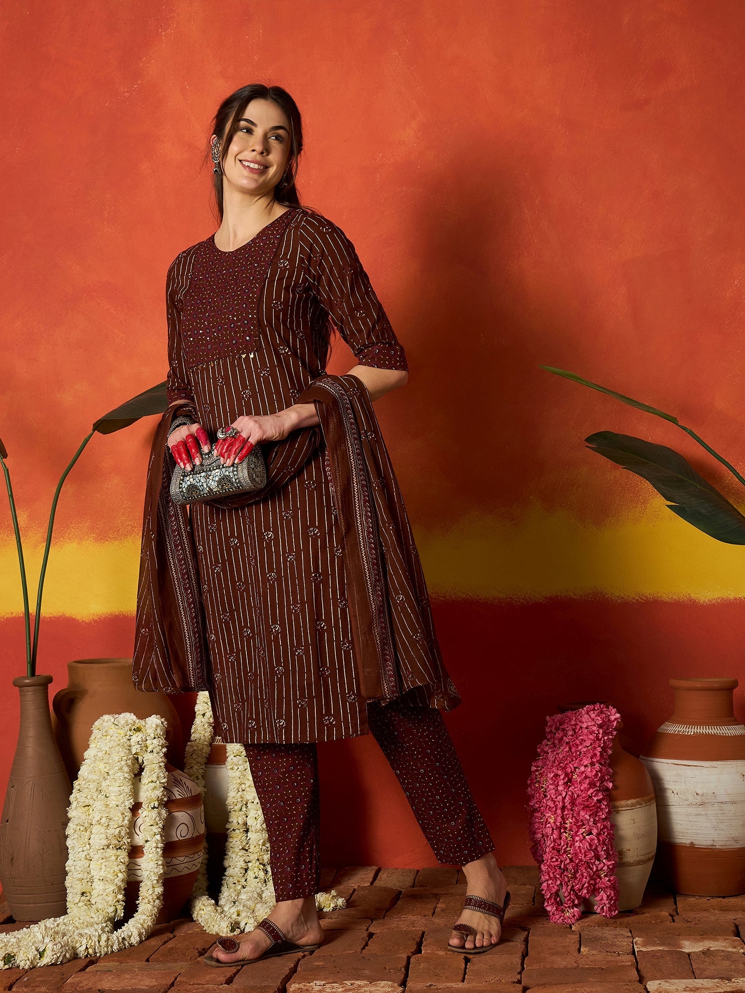 Women's Maroon Striped & Floral Printed Cotton Straight Kurta Pant Dup