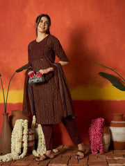 Stylum Women's Maroon Striped & Floral Printed Cotton Straight Kurta Pant Dupatta Set (KPDMAROONRUMALI)