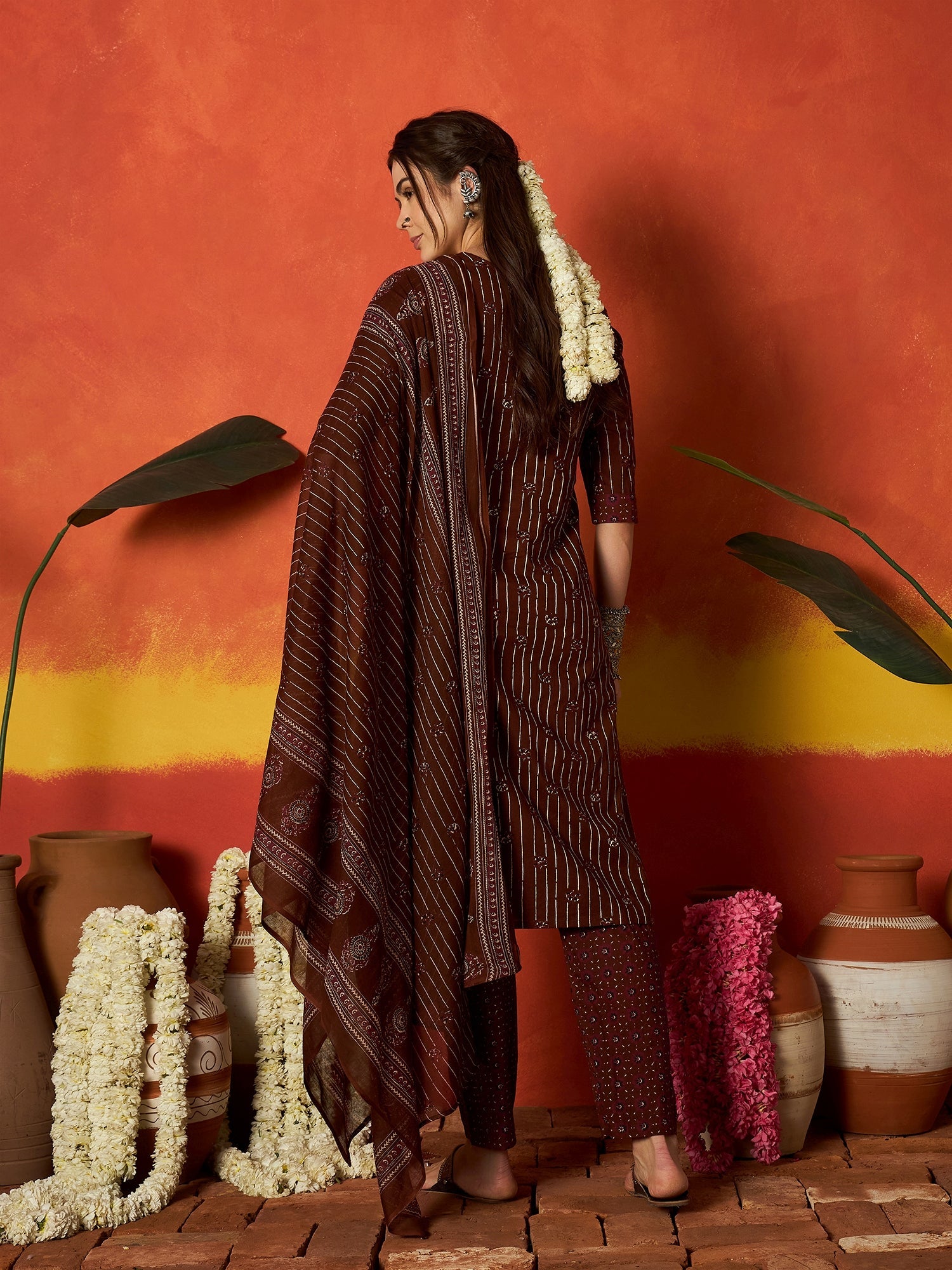 Women's Maroon Striped & Floral Printed Cotton Straight Kurta Pant Dup
