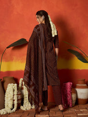 Stylum Women's Maroon Striped & Floral Printed Cotton Straight Kurta Pant Dupatta Set (KPDMAROONRUMALI)