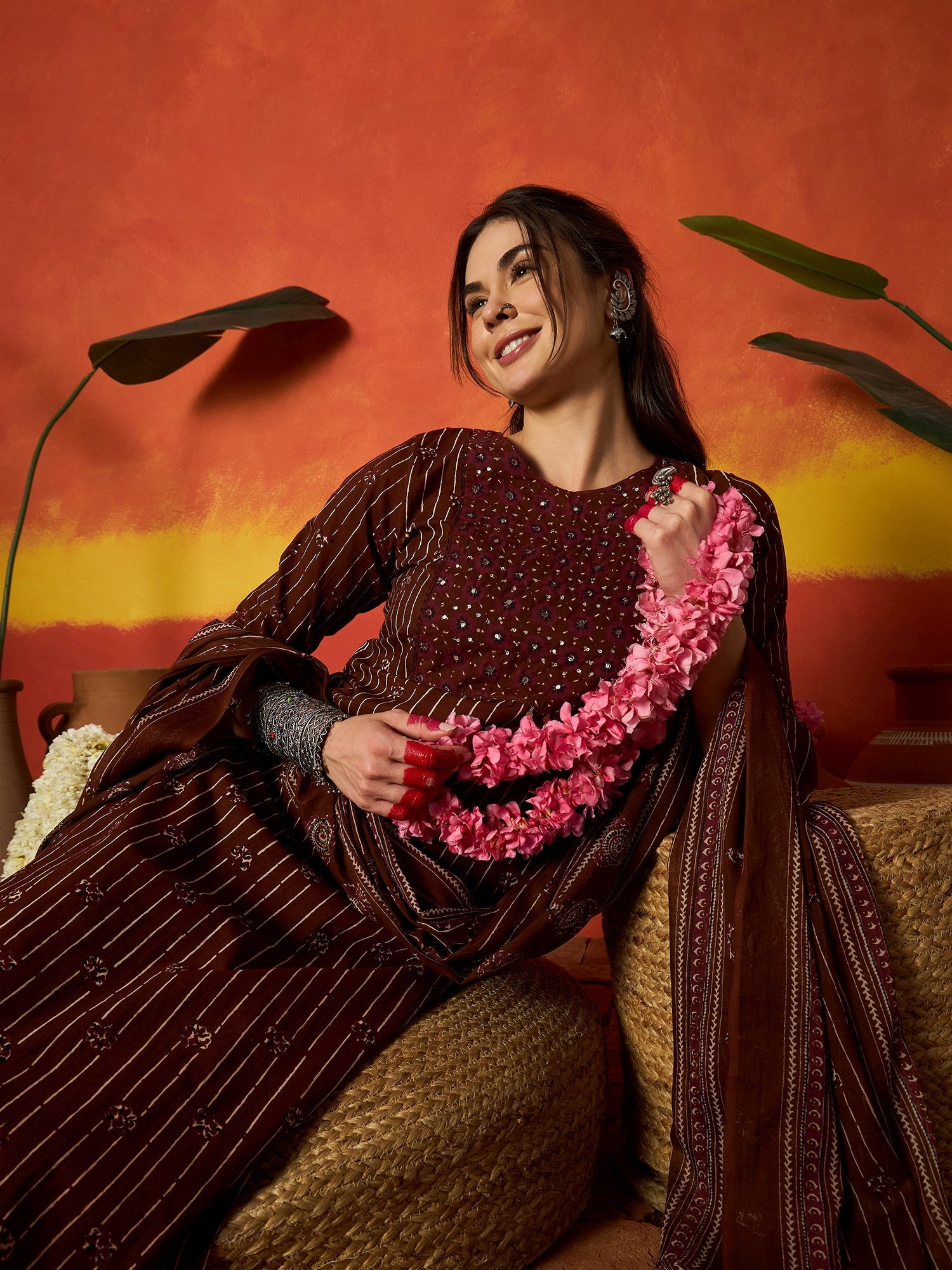 Women's Maroon Striped & Floral Printed Cotton Straight Kurta Pant Dup