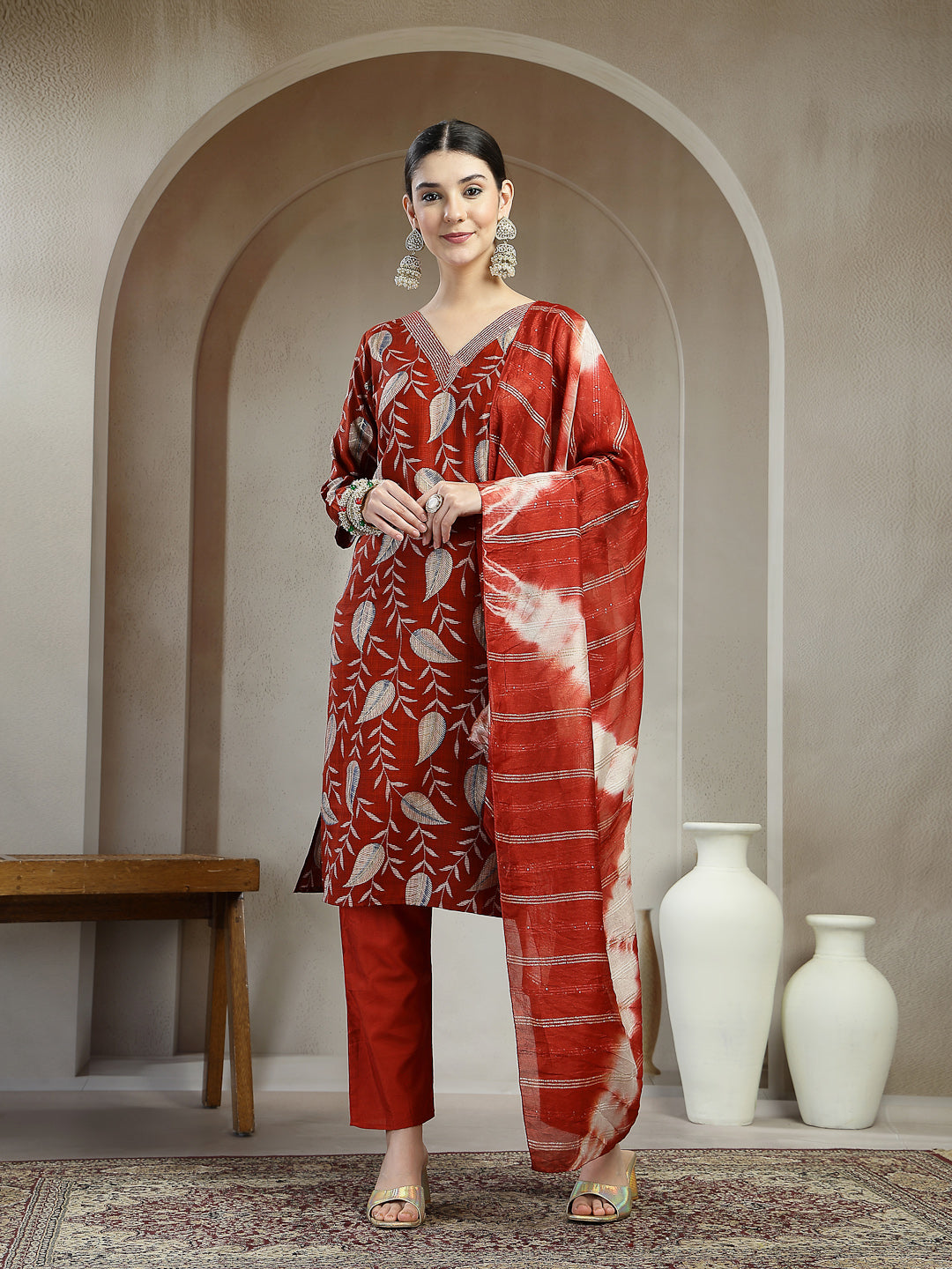 Women's Maroon Floral Printed Roman Silk Straight Kurta Pant Dupatta S