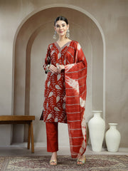 Stylum Women's Maroon Floral Printed Roman Silk Straight Kurta Pant Dupatta Set (KPDMAROONSIYAL)