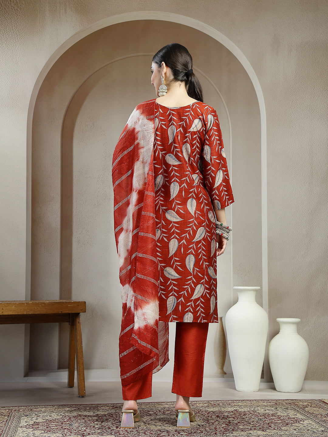 Women's Maroon Floral Printed Roman Silk Straight Kurta Pant Dupatta S