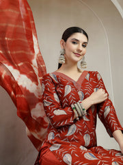 Stylum Women's Maroon Floral Printed Roman Silk Straight Kurta Pant Dupatta Set (KPDMAROONSIYAL)