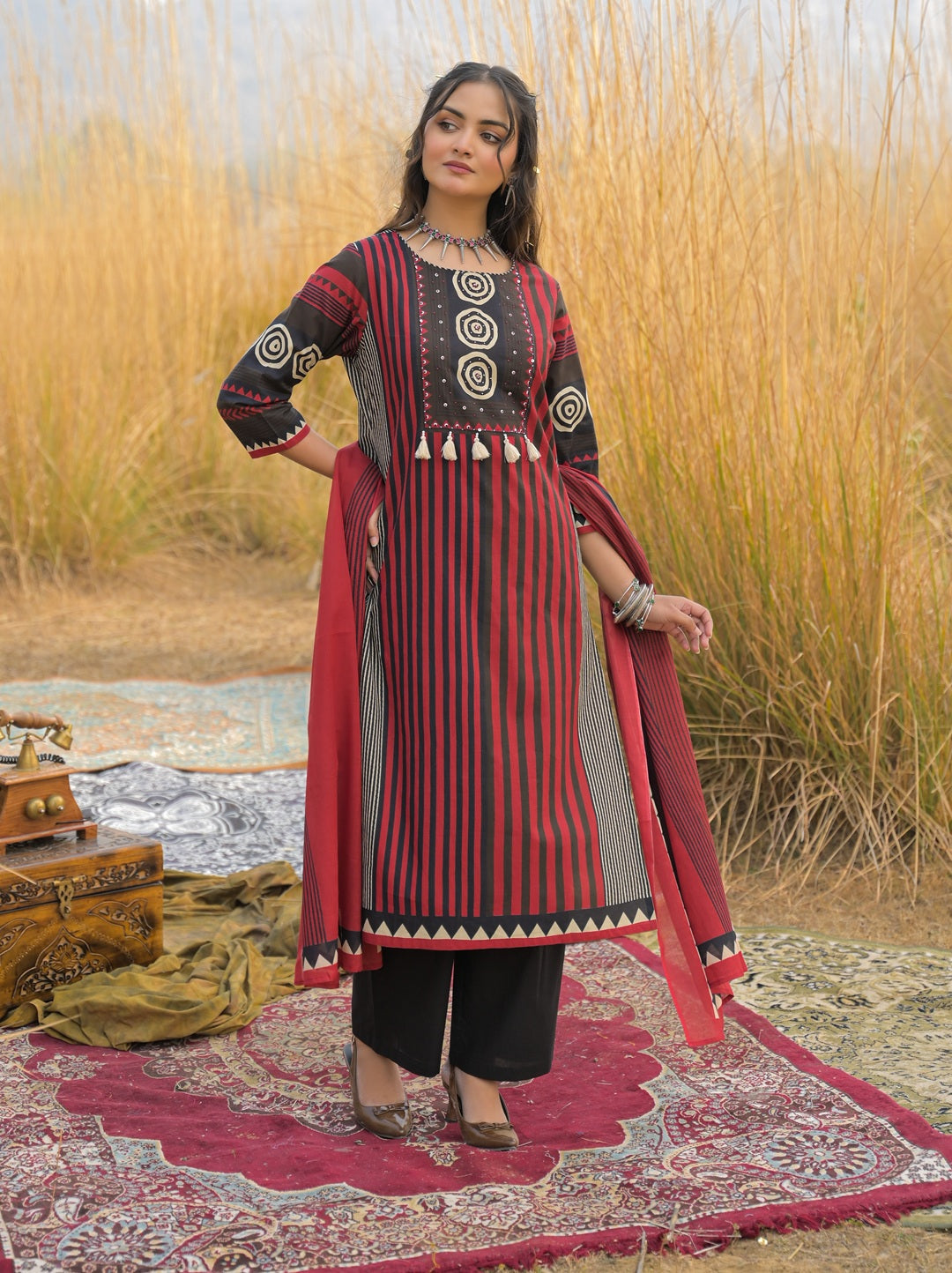 Women's Maroon Striped Printed Cotton Straight Kurta Pant Dupatta Set 