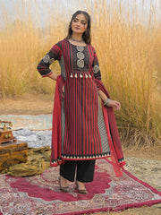 Stylum Women's Maroon Striped Printed Cotton Straight Kurta Pant Dupatta Set (KPDMAROONULTRA)