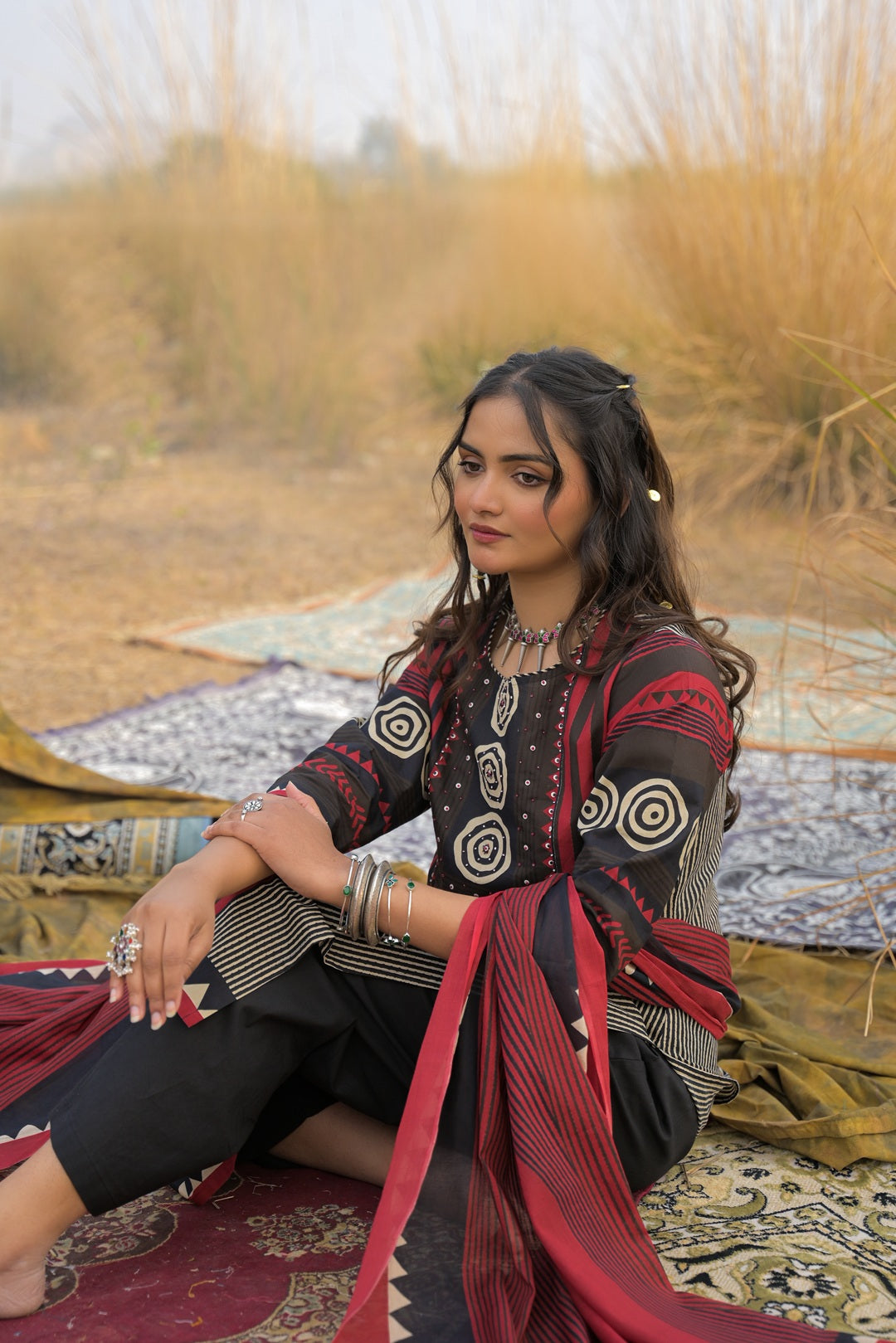 Women's Maroon Striped Printed Cotton Straight Kurta Pant Dupatta Set 