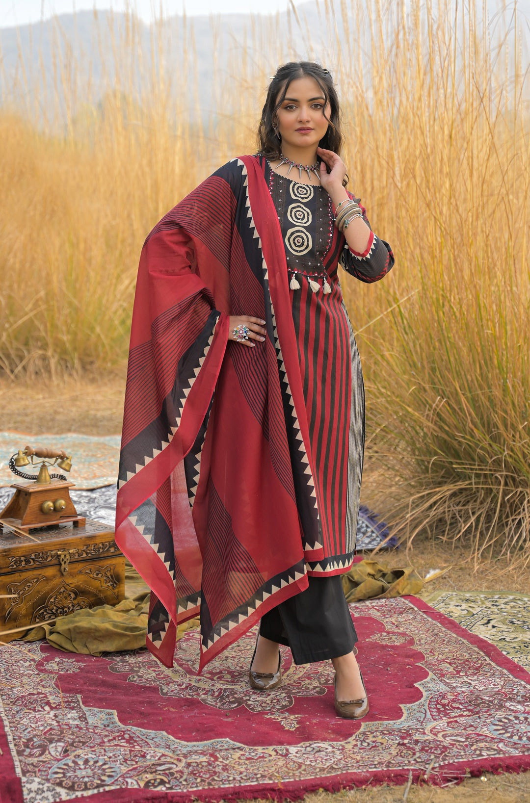 Women's Maroon Striped Printed Cotton Straight Kurta Pant Dupatta Set 