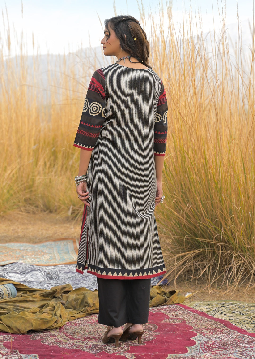 Women's Maroon Striped Printed Cotton Straight Kurta Pant Dupatta Set 