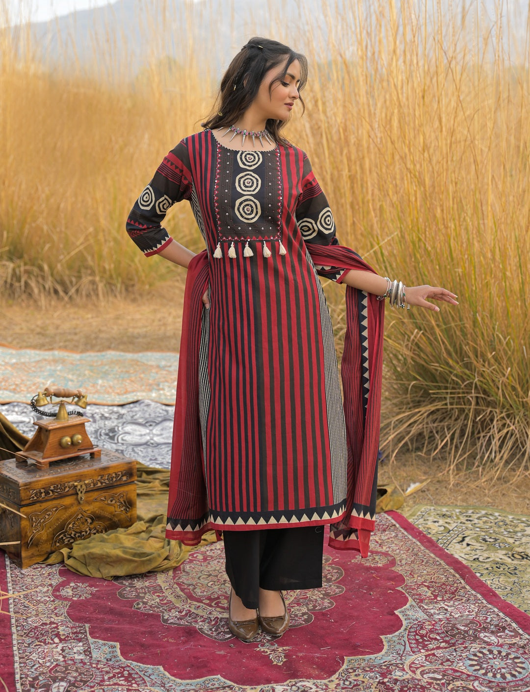 Women's Maroon Striped Printed Cotton Straight Kurta Pant Dupatta Set 
