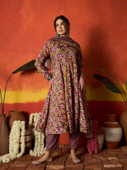 Stylum Women's Mauve Floral Printed Rayon Anarkali Kurta Pant Dupatta Set (KPDMAUVEMOHINA)