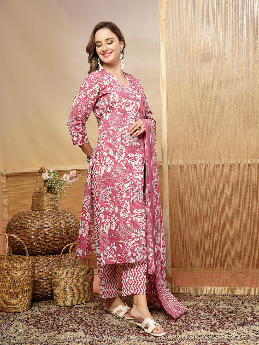 Stylum Women's Mauve Floral Printed Cotton Blend Straight Kurta Pant Dupatta Set (KPDMAUVERESHA)
