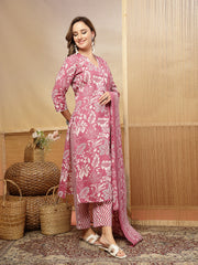 Stylum Women's Mauve Floral Printed Cotton Blend Straight Kurta Pant Dupatta Set (KPDMAUVERESHA)