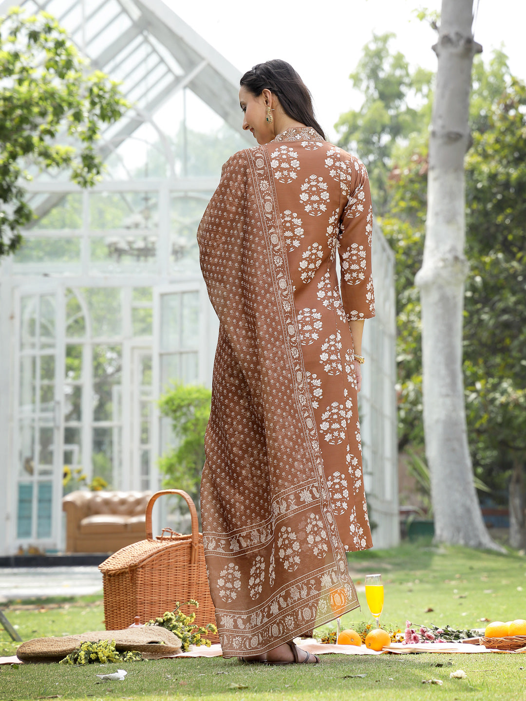 Women's Brown Floral Buta Printed Rayon A-Line Kurta Pant Dupatta Set 