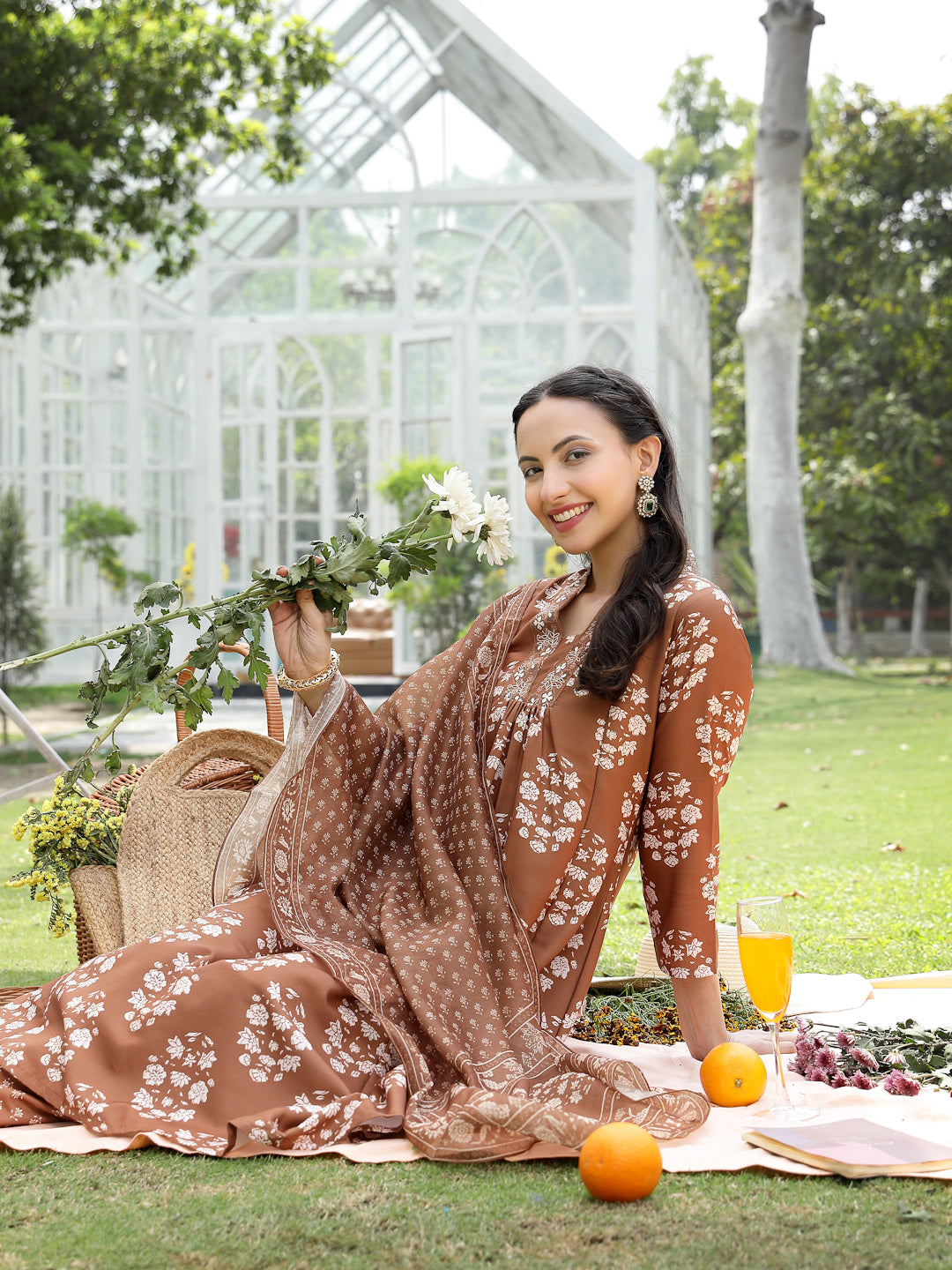 Women's Brown Floral Buta Printed Rayon A-Line Kurta Pant Dupatta Set 