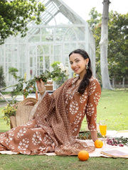 Stylum Women's Brown Floral Buta Printed Rayon A-Line Kurta Pant Dupatta Set (KPDMOUSESOMER)
