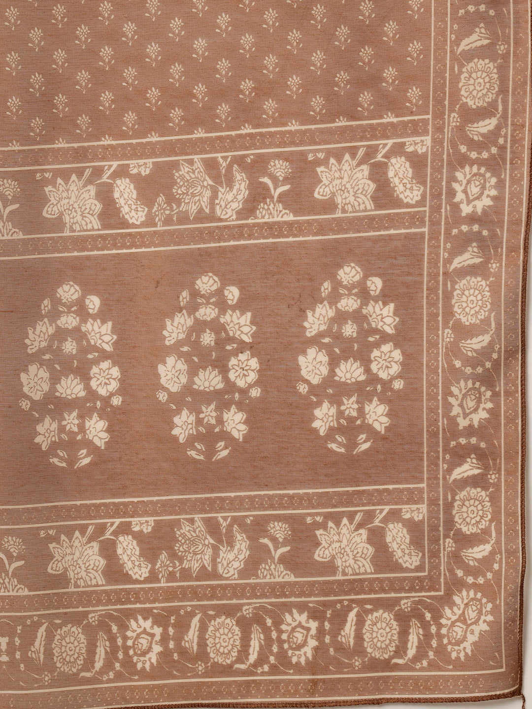 Women's Brown Floral Buta Printed Rayon A-Line Kurta Pant Dupatta Set 