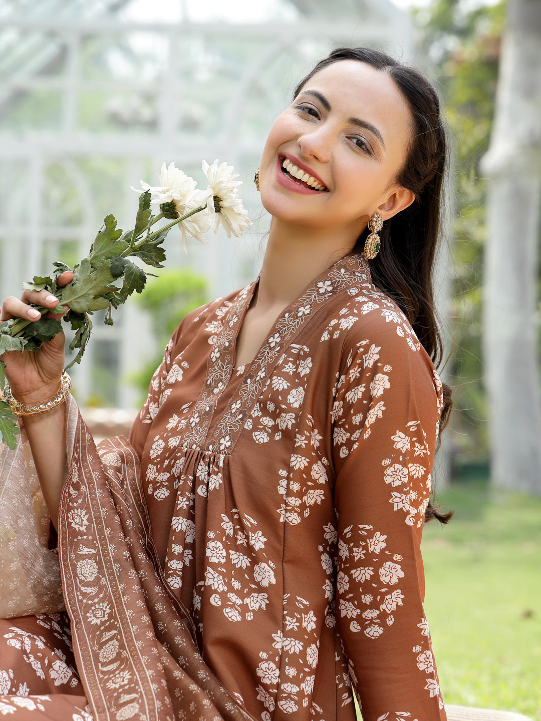 Women's Brown Floral Buta Printed Rayon A-Line Kurta Pant Dupatta Set 
