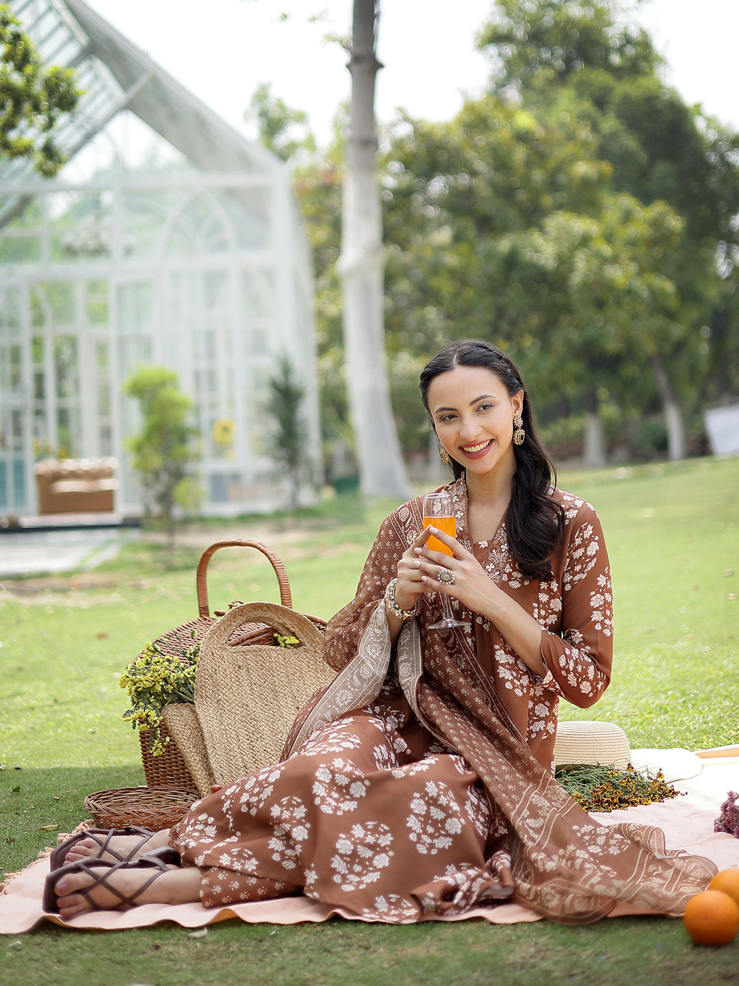 Women's Brown Floral Buta Printed Rayon A-Line Kurta Pant Dupatta Set 