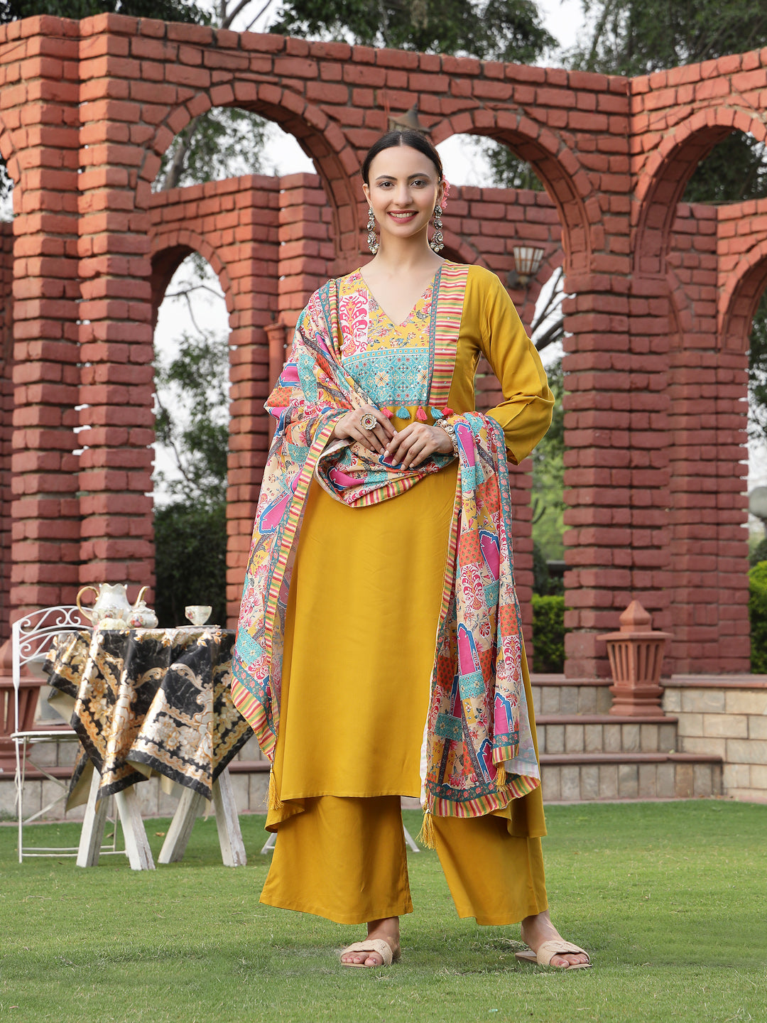 Women's Mustard Solid Cotton A-Line Kurta Palazzo Dupatta Set (KPDMUST
